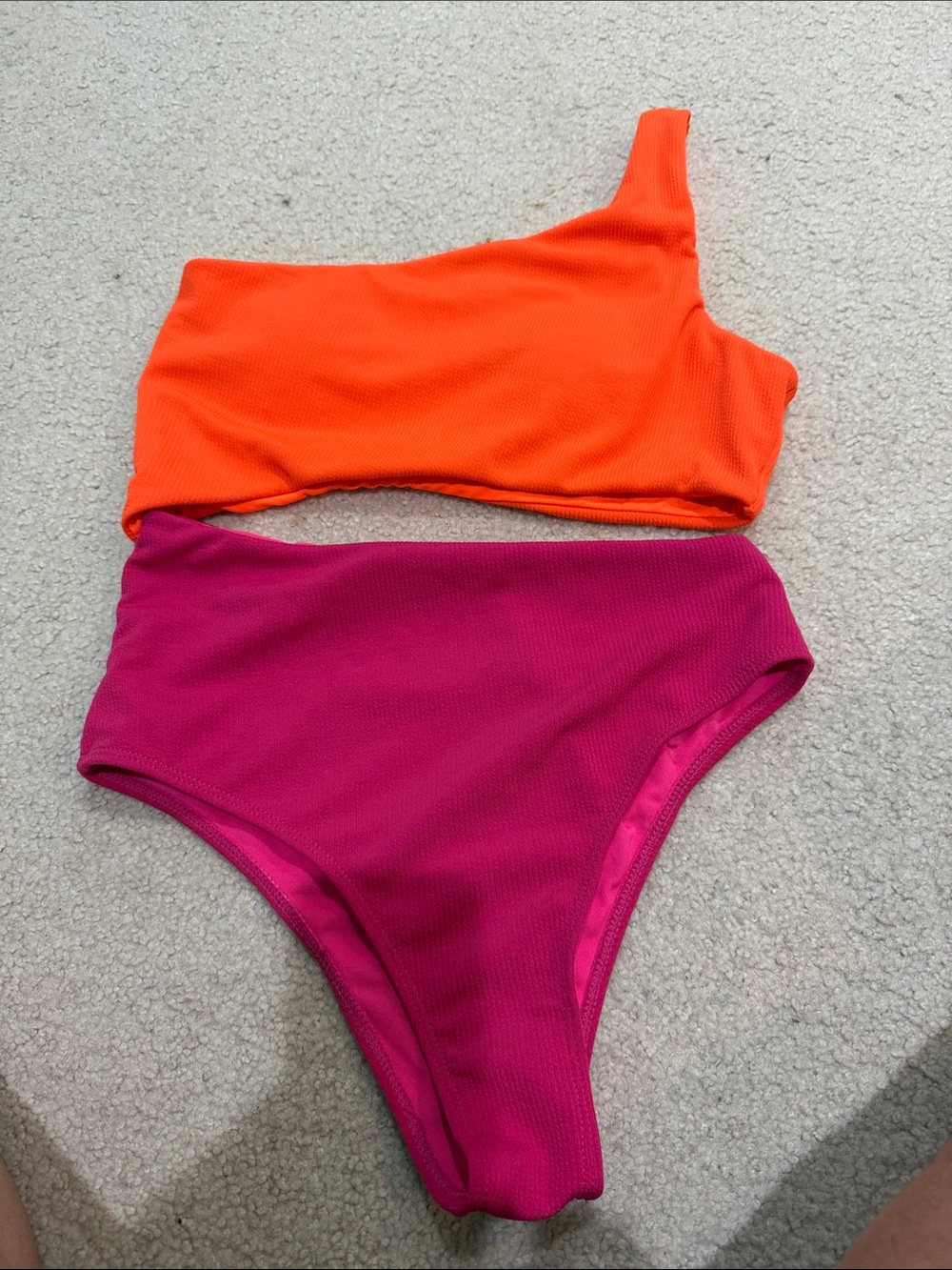 SHEIN One-Shoulder Orange Top & Fuchsia High-Waist Bikini Set